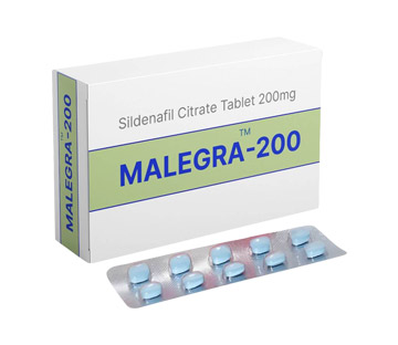 Pakiranje Malegra 200 mg (Sildenafil Citrate) tableta za erektilnu disfunkciju, bijela kutija s natpisom i blister sa 10 plavih tableta