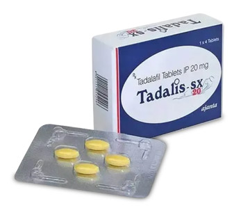 Originalno pakiranje Tadalis SX 20 mg tableta – bijelo-plava kutija s nazivom lijeka i blister s četiri žute ovalne tablete za liječenje erektilne disfunkcije