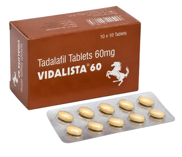 Vidalista 60 mg tadalafil tablete u originalnom pakiranju s blisterom tableta na bijeloj pozadini